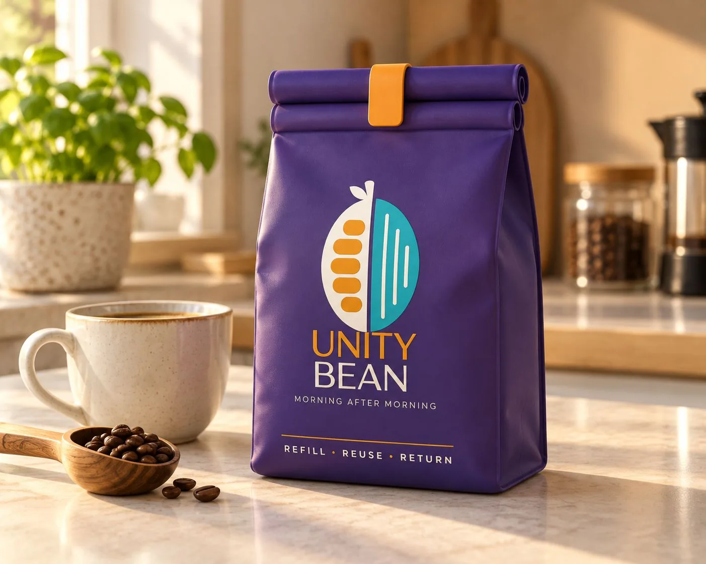 A purple Unity Bean counter bag on a kitchen worktop beside a cup of coffee and a scoop of beans